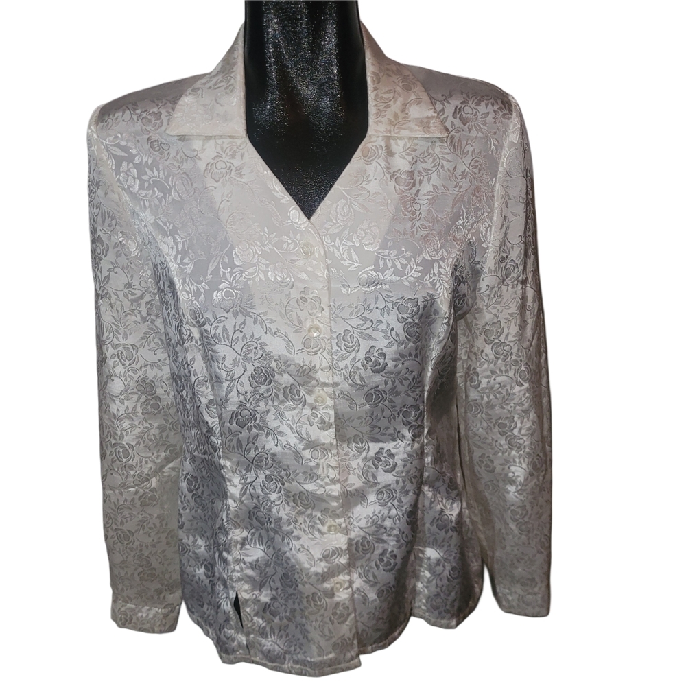 Vintage 90's East West White Satin Floral Button-Up Blouse S